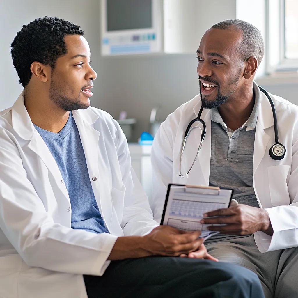 Healthcare provider consulting with a male patient about personalized hormone treatment plans