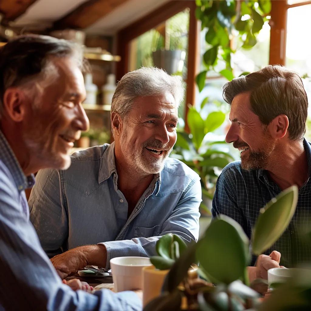 Group of men discussing health and wellness, highlighting the community aspect of bioidentical hormone replacement therapy